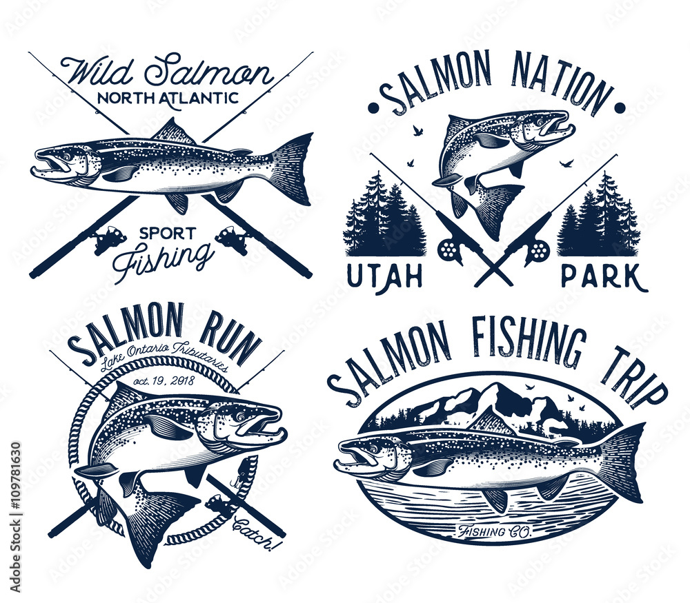 Wall mural Vintage salmon fishing emblems