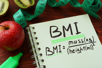BMI body mass index  (metric formula) written on a notepad sheet. - obrazy, fototapety, plakaty