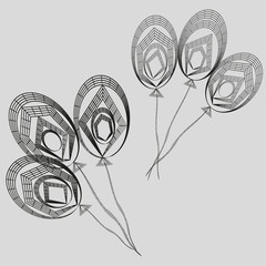 Drawing black white balloons  stripes and lines
Picture set of six black balloons with stripes and lines on a gray background for decoration and design
