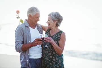 Senior couple holding rose and red wine glasses