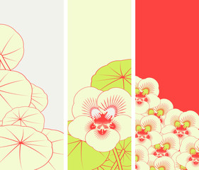 3 bookmark backgrounds with stylized nasturtiums, in red and fresh green