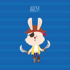 Cute pirate rabbit with eye-patch and swords greeting card. Ahoy