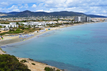 Fototapeta na wymiar Platja den Bossa beach in Ibiza, Spain
