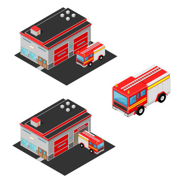 Vector isometric icon illustration of a Fire Department with fire engine.
Emergency fire services concept.
