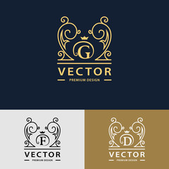 Line graphics monogram. Elegant art logo design. Letter G, D, F. Graceful template. Business sign, identity for Restaurant, Royalty, Boutique, Cafe, Hotel, Heraldic, Jewelry, Fashion. Vector elements