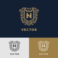 Line graphics monogram. Elegant art logo design. Letter SH. Graceful template. Business sign, identity for Restaurant, Royalty, Boutique, Cafe, Hotel, Heraldic, Jewelry, Fashion. Vector elements