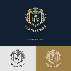 Line graphics monogram. Logo design. Flourishes frame ornament template with barrel for logos, labels, emblems for beer house, bar, pub, brewing company, brewery, tavern. Letter B, W, R. Vector
