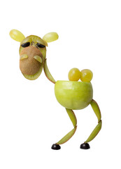 Funny camel made of apple, kiwi and grape on white background