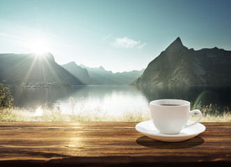 cup of coffee and sunset in Norway, Lofoten islands