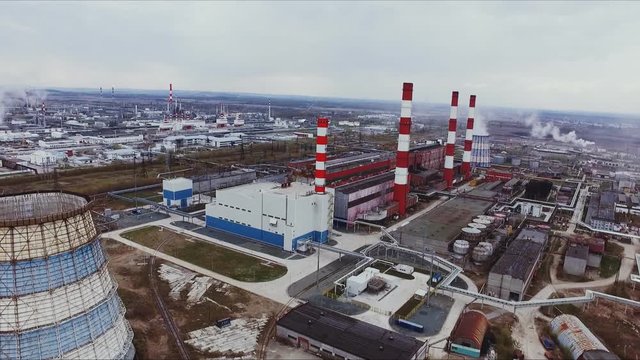 Aerial view of power station and huge oil plant in Russia. Flights above oil plants. Top view