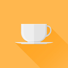 White cup of coffee or tea flat icon with long shadow on orange background. Vector illustration.