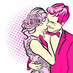 Wedding Scene in Red and Purple, Vintage Hand Drawn Artwork