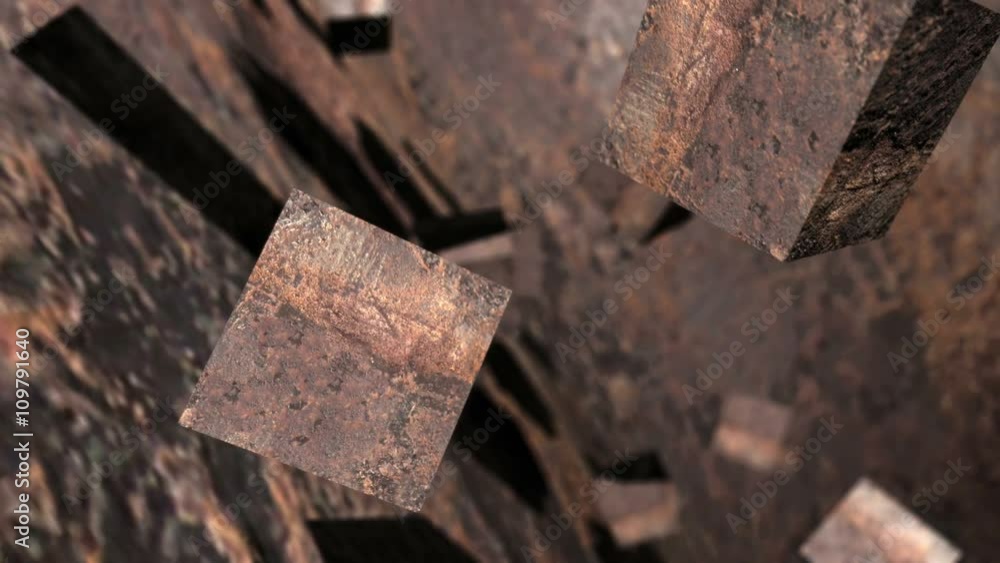 Poster seamless looping animation of 3d rusty boxes