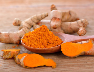 Fresh Turmeric and turmeric powder on white background