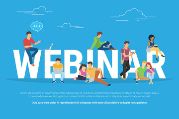 Webinar concept illustration of young various people using laptop, tablet pc and smartphone to watch online webinar with skilled instructor. Flat design of guys and young women staying near big