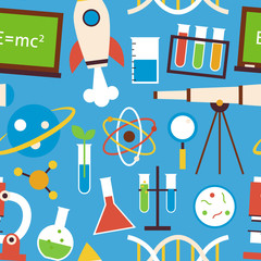 Fototapeta na wymiar Flat Seamless Pattern Science and Education Objects over Blue
