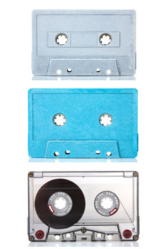 multicolored audio tapes on white isolated background
