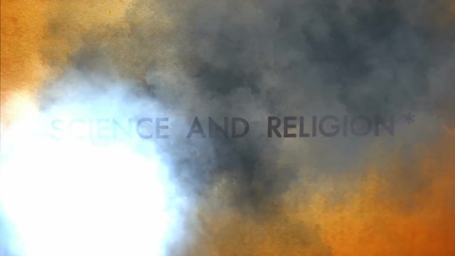 Lightning strikes light up clouds over science and religion text