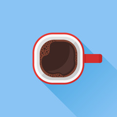 Red cup with black coffee flat icon with long shadow on blue background. Top view. Vector illustration.
