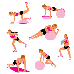 Woman fit ball workout. Stability ball exercises. Swiss ball exercise. Female exercise workout. 