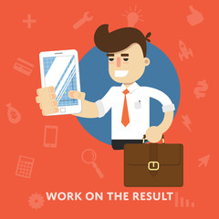 Businessman with tablet computer works on result business concept flat abstract isolated vector illustration