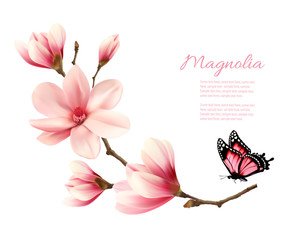 Naklejka premium Beautiful pink magnolia branch with a butterfly. Vector.