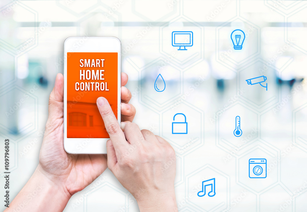 Poster hand holding mobile phone with smart home control with feature i