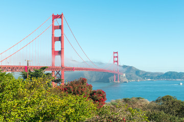 Famous bridge. Coast of California, San Francisco. Panorama of Golden Gate Bridge. 