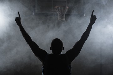 Obraz premium Rear view of a basketball player with his arms in the air