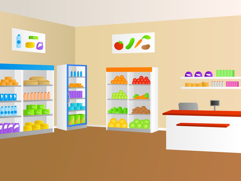 Grocery food store shop interior illustration vector