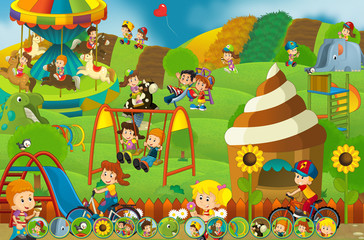 Cartoon scene of kids playing in the funfair - matching game - illustration for children