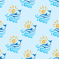 Fototapeta na wymiar Dolphin with sea, waves & sun - vector background - seamless pattern. Dolphin seamless background. Sea seamless background pattern. Dolphin with sea waves and sun - vector sign on blue background.