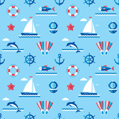 Sea - vector background seamless pattern in flat style design. Ocean background seamless pattern. Seamless vector background with signs of marine theme. Nautical vector background pattern.