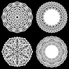 Set of design elements, lace round paper doily, doily to decorate the cake, doily under the plates, festive doily,  white doily, lacy snowflake, greeting element package, vector illustrations - obrazy, fototapety, plakaty