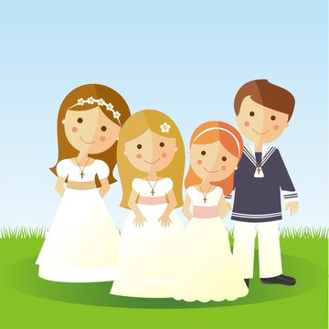 Primera comunión. Niño con traje elegante y tres niñas con vestido blanco sobre un fondo de jardín