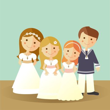 Primera comunión. Niño con traje elegante y tres niñas con vestido blanco