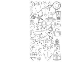 Big set with doodle images about beach fashion and travel