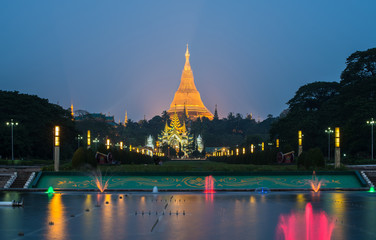 The Shwedagon pagoda with the colourful fountain view from people's park in Yangon township of...