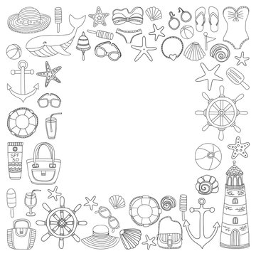 Big set with doodle images about beach fashion and travel