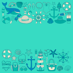 Big set with doodle images about beach fashion and travel