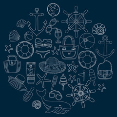 Big set with doodle images about beach fashion and travel