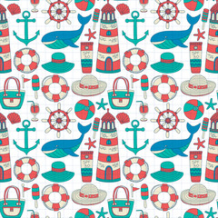 Big set with doodle images about beach fashion and travel