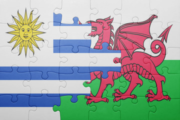 puzzle with the national flag of wales and  uruguay