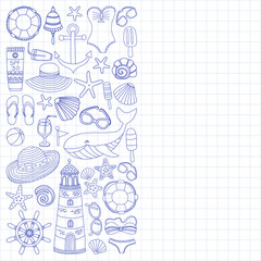 Fototapeta na wymiar Big set with doodle images about beach fashion and travel