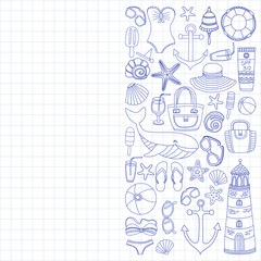 Big set with doodle images about beach fashion and travel