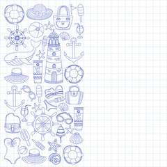 Big set with doodle images about beach fashion and travel