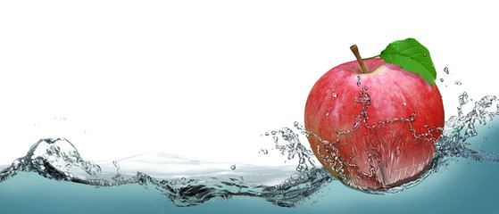Fototapeta na wymiar Red, juicy apple as a card on the water background.