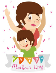 Happy Mother and Son on Mother's Day Celebration, Vector Illustration