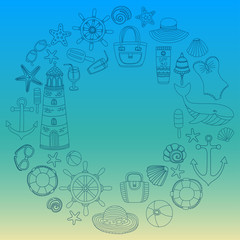 Big set with doodle images about beach fashion and travel