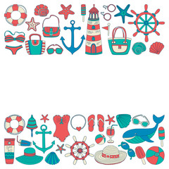 Big set with doodle images about beach fashion and travel